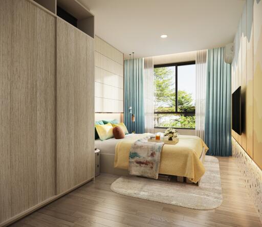 Bright bedroom with large window and modern decor