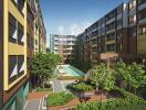 Modern apartment complex with a courtyard and swimming pool