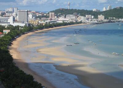 Aerial view of a beach with buildings in the background