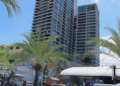 Modern high-rise building with palm trees in the foreground