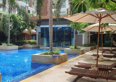 Outdoor area with swimming pool, loungers, and umbrellas