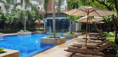 Outdoor area with swimming pool, loungers, and umbrellas