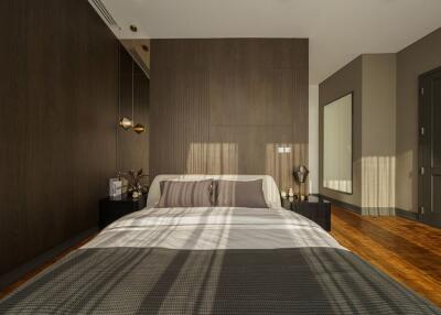 Modern bedroom with wooden flooring and accent wall