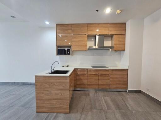 Modern minimalist kitchen with wooden cabinetry and built-in appliances