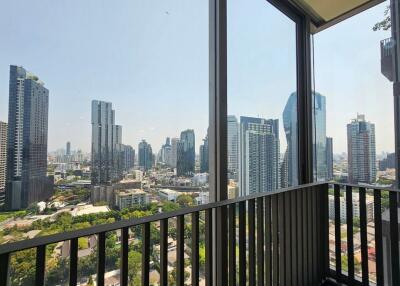 View of the city skyline from balcony