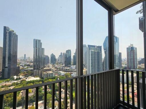 View of the city skyline from balcony