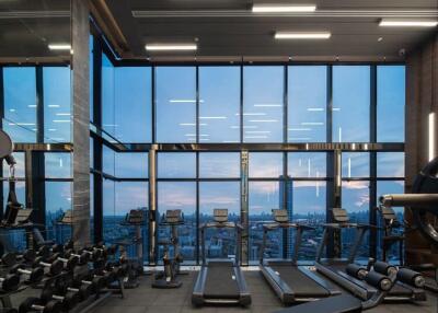 Modern fitness center with city view