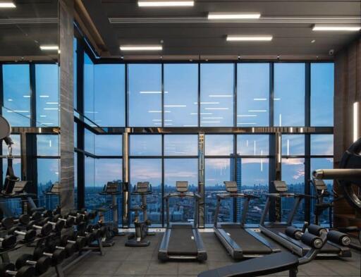 Modern fitness center with city view