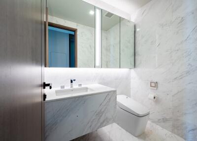 Modern bathroom with marble walls and mirrored cabinets