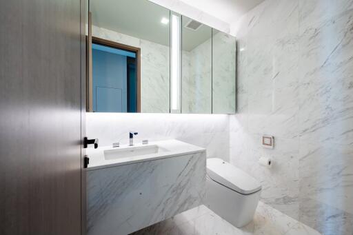 Modern bathroom with marble walls and mirrored cabinets