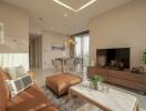 Modern living room with brown leather sofa, ottoman, and television