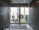 Modern bathroom with a large window, bathtub, and city view