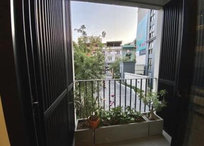 View from a balcony with potted plants overlooking a residential street