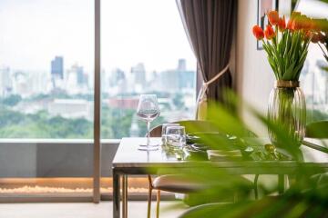 Modern dining area with city view