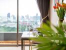 Modern dining area with city view