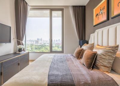 Modern, stylish bedroom with city view