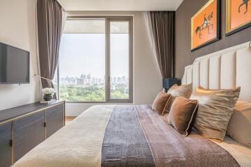 Modern, stylish bedroom with city view