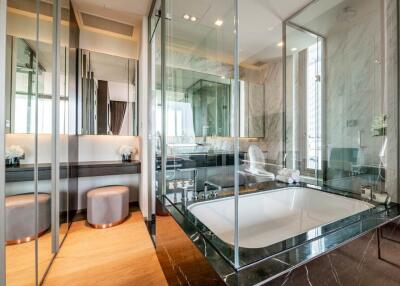 Luxury bathroom with bathtub and glass-enclosed shower area