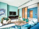 Modern living room with teal accents