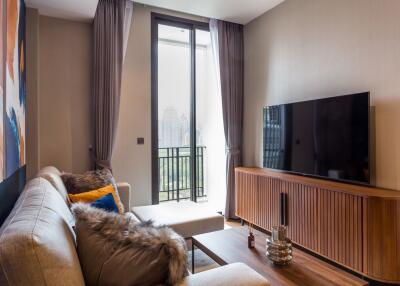 Modern living room with large window and city view