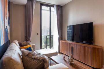 Modern living room with large window and city view