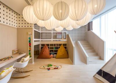 Modern playroom with toys and seating area