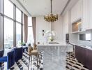 Modern kitchen with marble island and city view