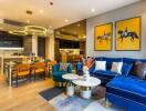 Modern living room and kitchen with blue and yellow decor