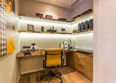 Modern home office with shelves and desk