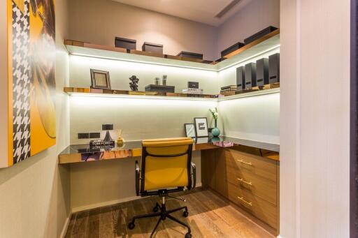 Modern home office with shelves and desk