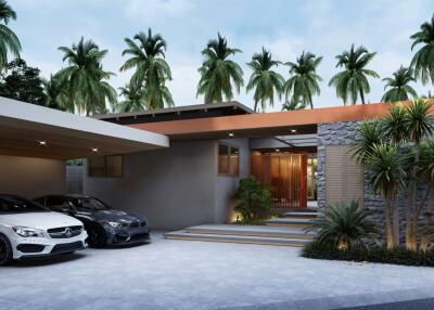 Modern front exterior of a luxurious house with palm trees