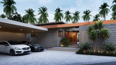 Modern front exterior of a luxurious house with palm trees