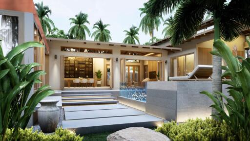 Modern outdoor living space with pool and lush greenery