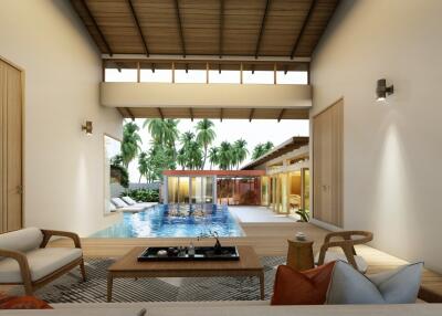 Modern living area with outdoor pool view