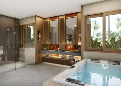 Modern bathroom with large windows, dual sinks, a bathtub, and a walk-in shower