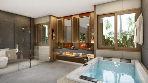 Modern bathroom with large windows, dual sinks, a bathtub, and a walk-in shower