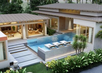 Modern villa with pool and outdoor seating area