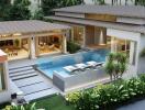 Modern villa with pool and outdoor seating area