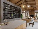 Modern kitchen with dining area and high ceiling