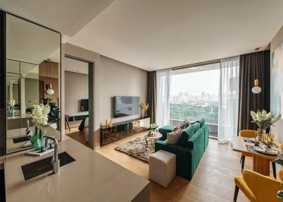 Modern living room with city view and open kitchen