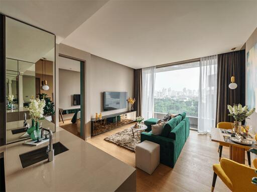 Modern living room with city view and open kitchen