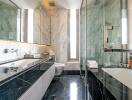 Luxurious bathroom with modern fixtures, marble countertops, and glass shower