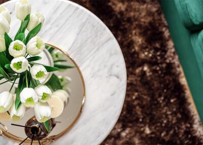 Marble table top with white tulips and green couch