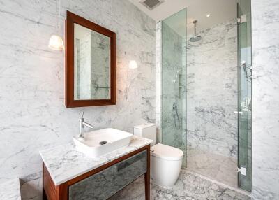 Modern bathroom with marble walls and glass shower