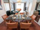 Elegant dining area with a six-seater table and stylish decor