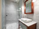 Modern bathroom with marble walls and glass shower