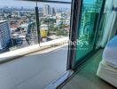 modern bedroom with balcony city view