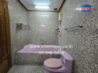 Bathroom with purple bathtub and toilet