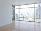 Modern living room with large windows and city view