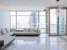 Spacious modern living room with large windows and city view